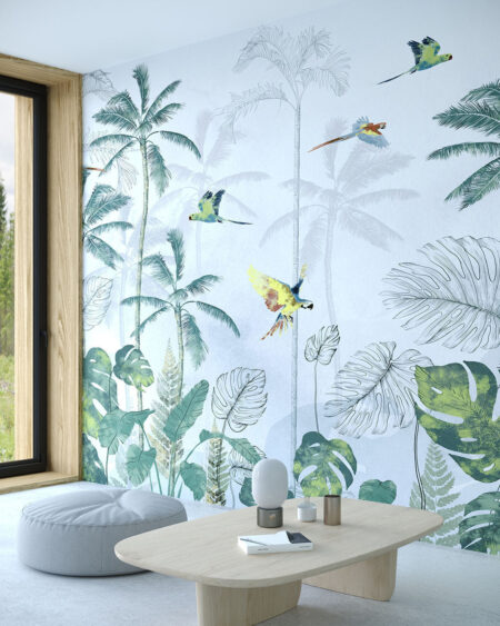 Обои тропические листья с пальмами и летающими попугаями на сером фоне в гостиной