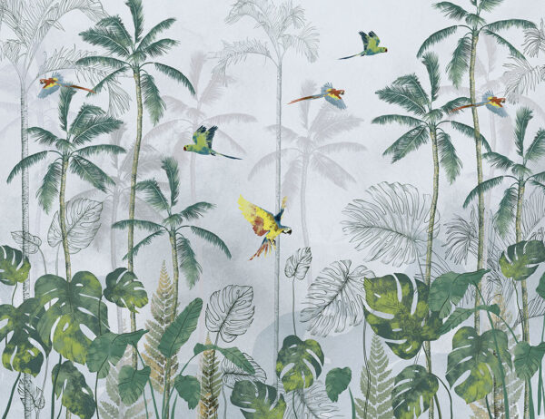 Обои тропические листья с пальмами и летающими попугаями на сером фоне
