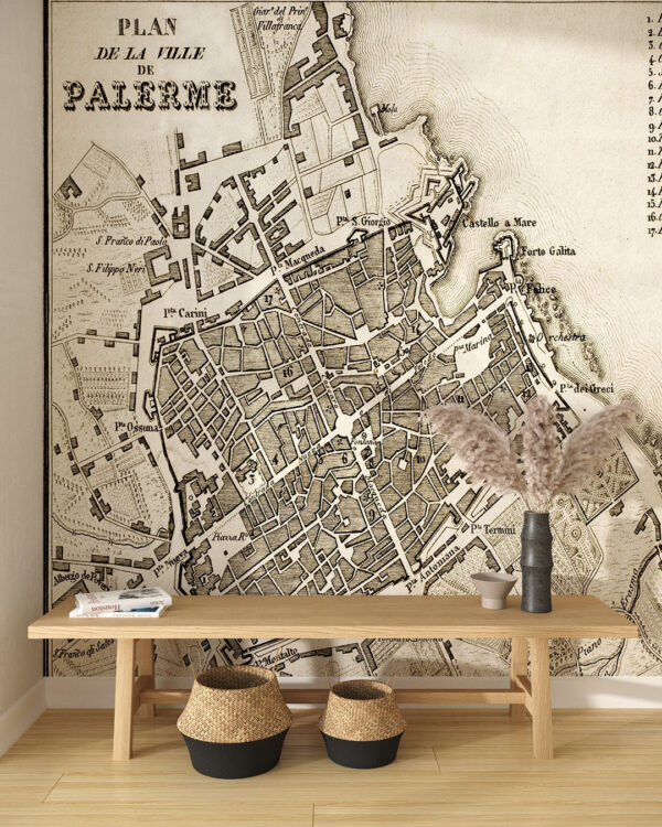 Вінтажні Фотошпалери карта італійського міста Палермо у вітальню