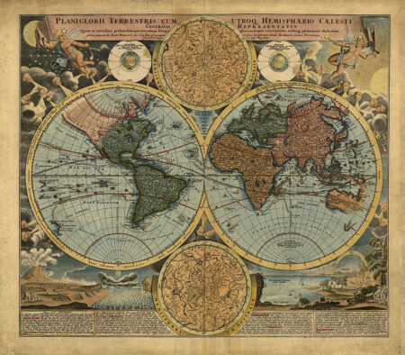 Дизайнерські фотошпалери старовинна карта світу з вінтажними ілюстраціями