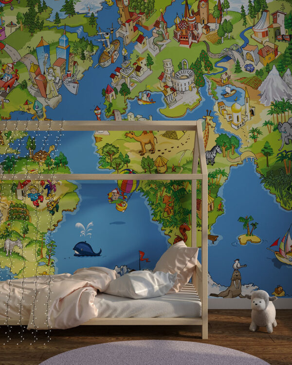 Дитячі фотошпалери намальована карта світу з ілюстраціями флори та фауни, а також архітекрути певної місцевості у дитячій кімнаті