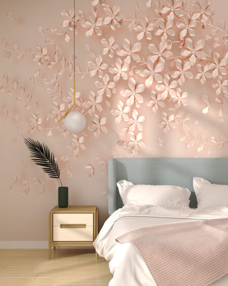 Фотообои 3д цветы из розового золота с веткой на нежно-розовом фоне в спальне