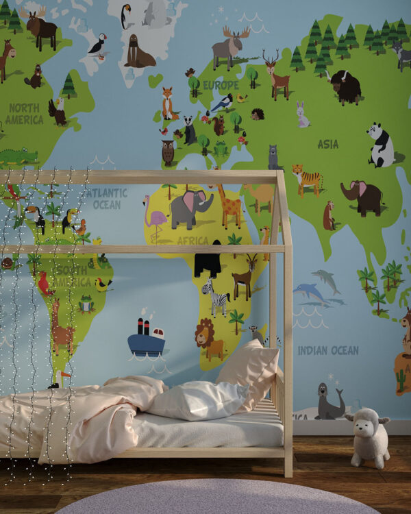 Фотошпалери дитяча карта світу з малюнками тварин і рослин, які характерні для певної місцевості на карті в дитячій кімнаті