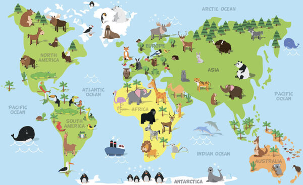 Фотошпалери дитяча карта світу з малюнками тварин і рослин, які характерні для певної місцевості на карті