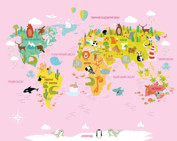 Дитячі фотошпалери карта світу українською з мінімалістичними малюнками різних тварин на рожевому фоні