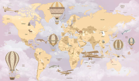 Дитячі фотошпалери карта світу в бежевих кольорах з декоративними ілюстраціями на тлі текстури хмар