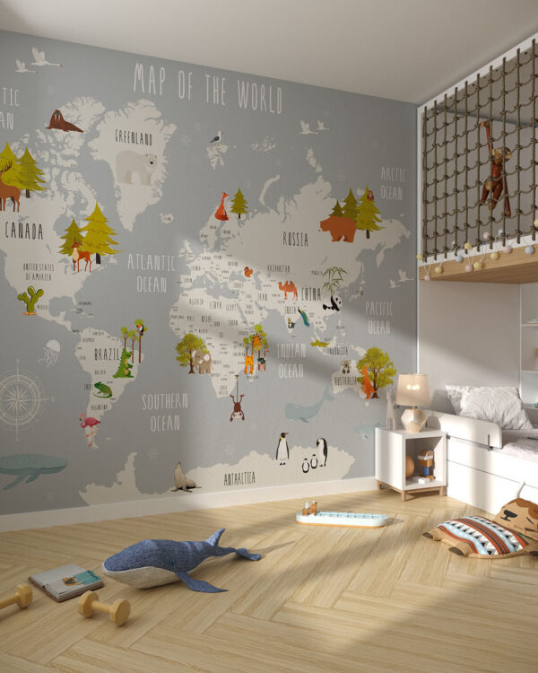 Дитячі фотошпалери карта світу з ілюстраціями дерев та тварин з морськими мешканцями у місцях їх проживання у дитячій кімнаті