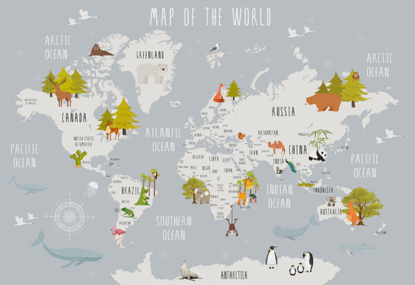 Дитячі фотошпалери карта світу з ілюстраціями дерев та тварин з морськими мешканцями у місцях їх проживання