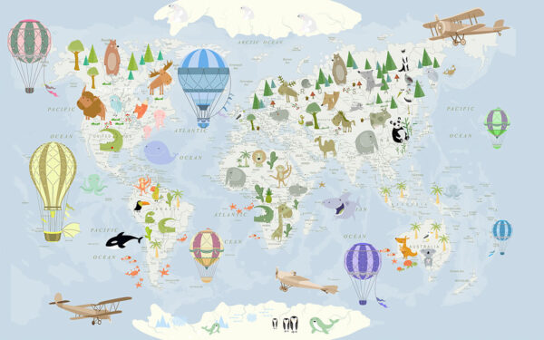 Дитячі фотошпалери карта світу з малюнками різних тварин певної місцевості, а також з ілюстраціями літаків та повітряних куль