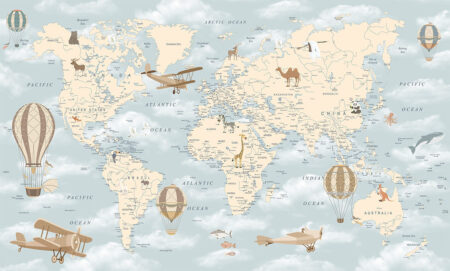 Дизайнерські фотошпалери дитяча карта світу з ілюстраціями тварин, птахів ті риб, а також літаків і повітряних куль