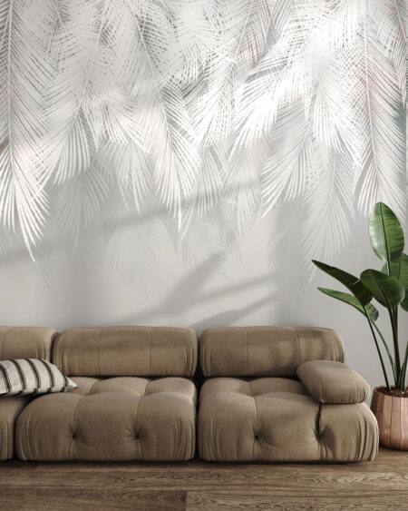 Фотошпалери ніжне пальмове листя в графічному стилі з 3д ефектом у вітальні