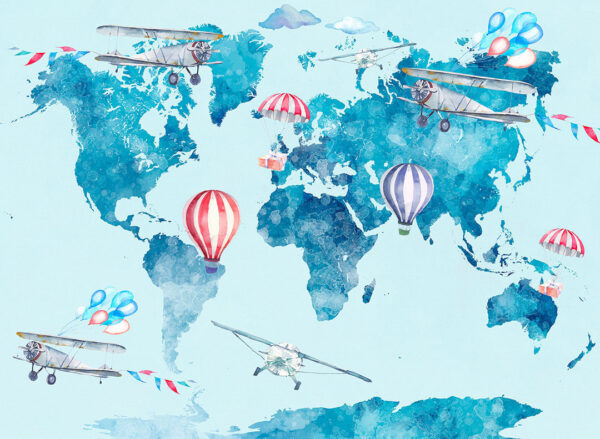 Дизайнерські фотошпалери акварельна карта світу синього кольору з малюнками літаків та повітряних куль