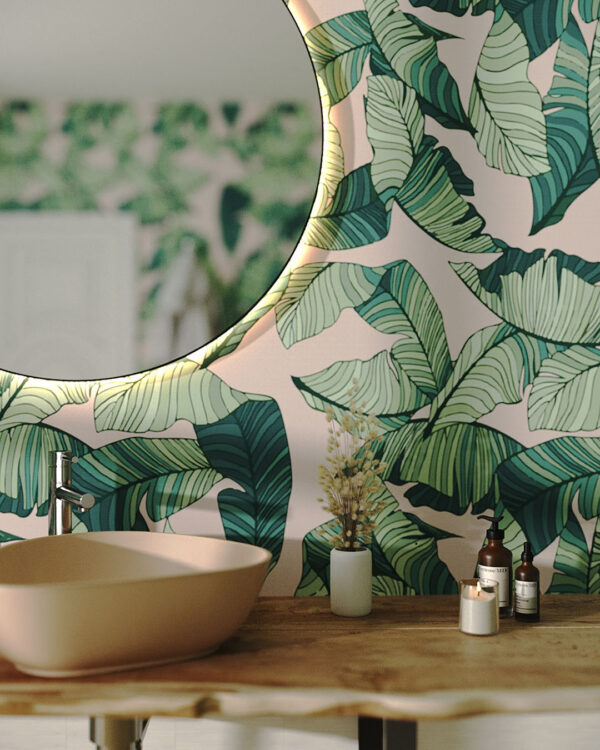 Обои тропические листья паттерн на розовом фоне в графическом стиле в ванной