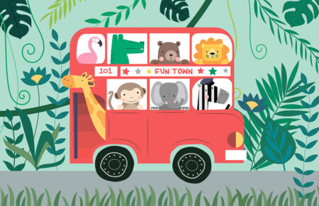 Фотошпалери з червоним автобусом, повним тварин, на фоні тропічного лісу