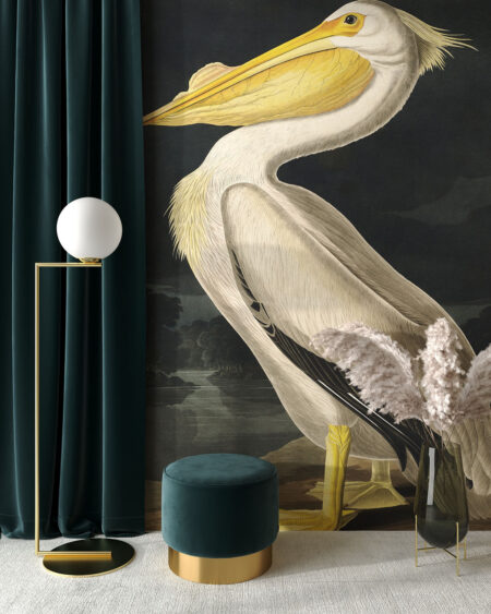 Фотообои винтажная картина с изображением пеликана в гостиной