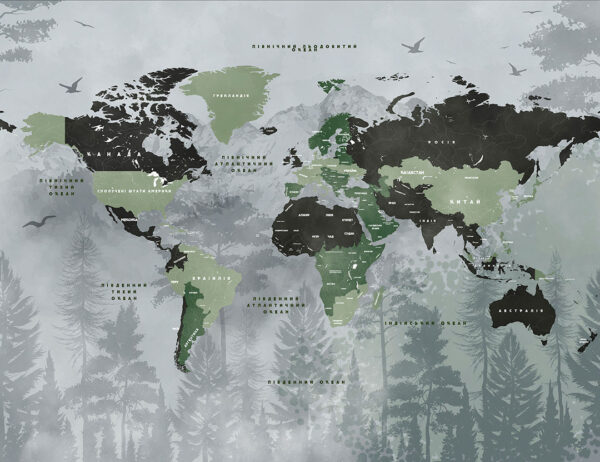 Дизайнерські фотошпалери карта світу українською в зелених квітах на декоративному тлі із зображенням літаючих птахів над лісом та горами