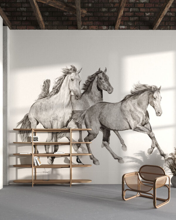 Дизайнерские обои с тройкой лошадей в графическом стиле на светлом фоне в зале