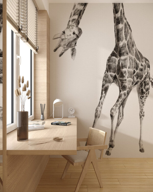 Обои жираф в графическом стиле на сером фоне в детской