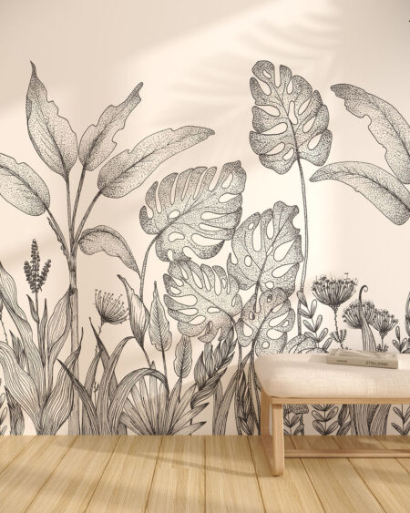 Тропічні рослини шпалери в стилі графічного дизайну на білому тлі в передпокої