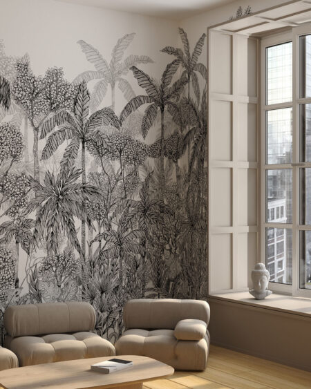 Дизайнерські шпалери тропічні пальми та інші графічні ілюстрації рослин на білому тлі у вітальні