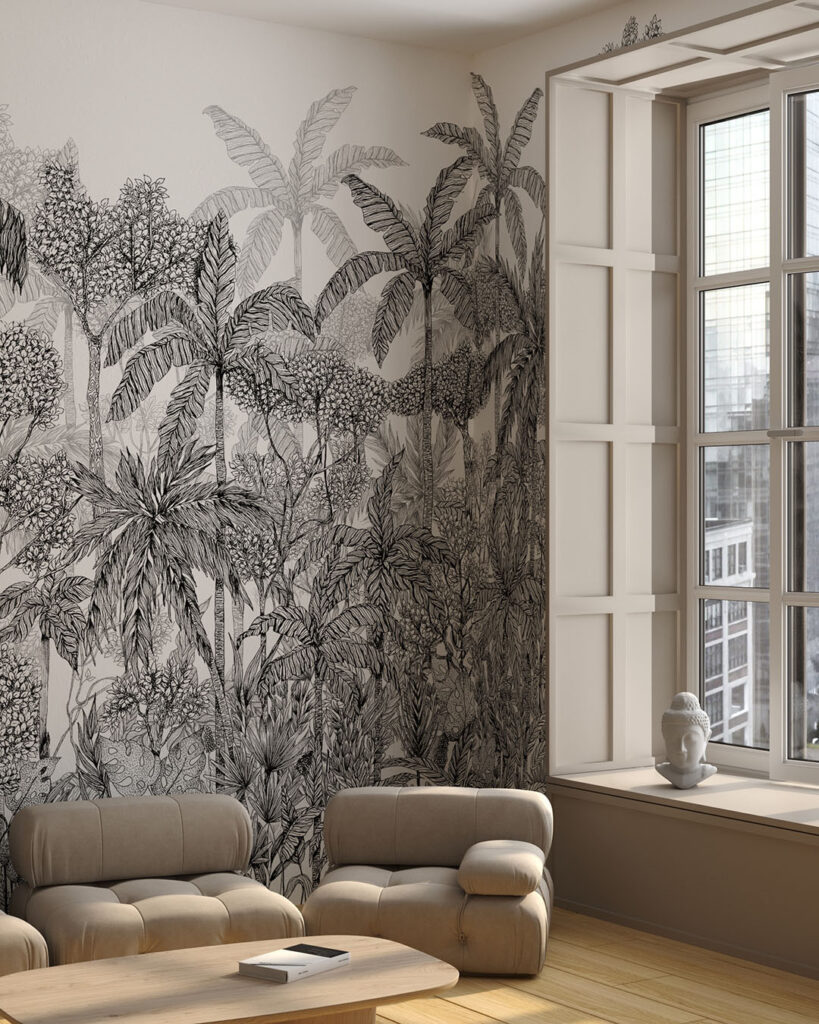Дизайнерські шпалери тропічні пальми та інші графічні ілюстрації рослин на білому тлі у вітальні