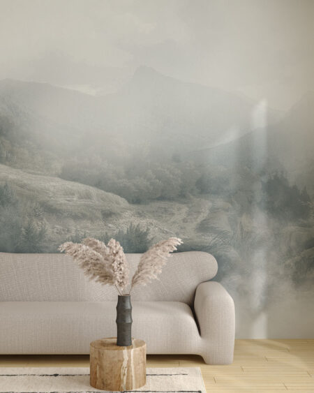 Дизайнерські фотошпалери ліс та гори у тумані в зал