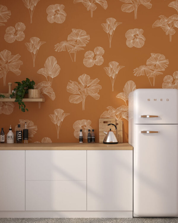 Фотошпалери листя паттерн у графічному стилі на помаранчевому тлі на кухні