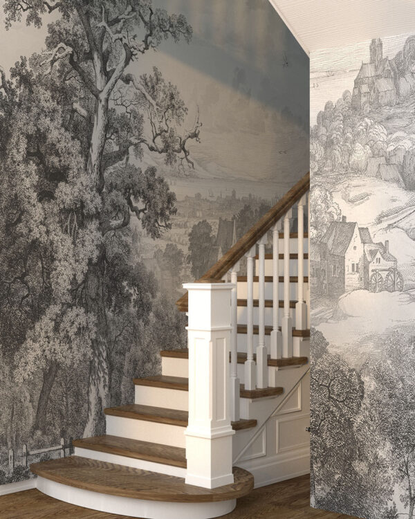 Дизайнерські шпалери ліс гравюра у темно-сірих відтінках із зображенням сільського пейзажу у вітальні