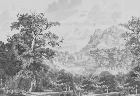 Дизайнерські шпалери ліс гравюра у сірих відтінках на тлі сільського пейзажу у гірській місцевості