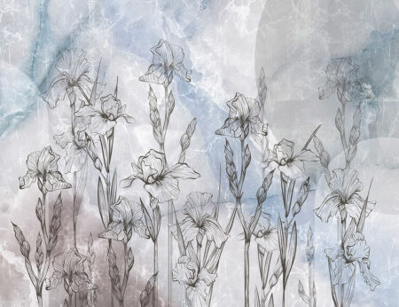 Фотошпалери з лінійними квітами ірисів на сіро-голубому мармуровому фоні