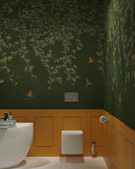 Фотошпалери для ванної зі вкритими листям гілками та яскравими птахами