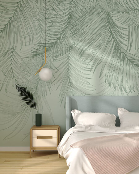 Фотошпалери для спальні з ніжним графічним пальмовим листям, що звисає згори
