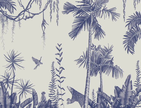 Фотошпалери з пальмами, ліанами, птахами та тропічними тваринами у синьому кольорі