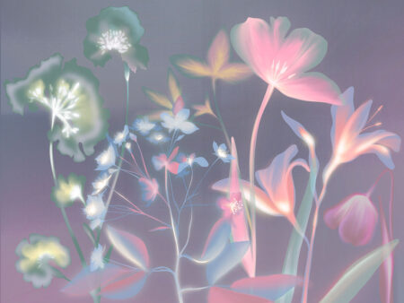 Фотошпалери з різнобарвними відбитками квітів під рентгенівським ефектом на фіолетовому тлі