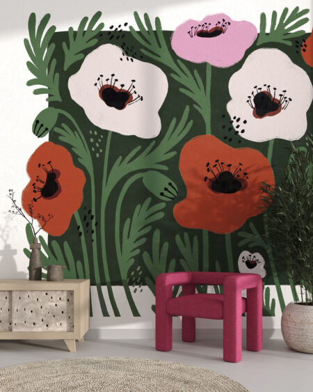 Фотошпалери для дитячої кімнати з яскравими квітами на асиметричному тлі