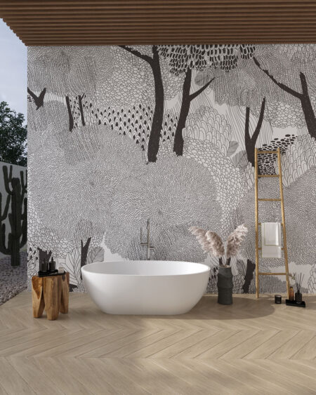 Фотошпалери для ванної з детальними графічними кронами дерев
