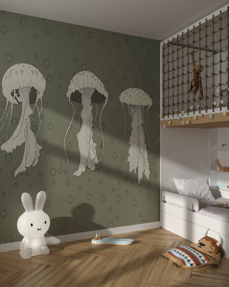 Фотошпалери для дитячої кімнати з медузами та бульбашками в стилі linework