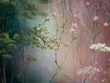 Фотошпалери із зеленим листям та ніжними квітами в рожевих та блакитних тонах