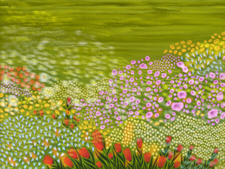 Фотошпалери з яскравою абстракцією польових квітів на зеленому тлі