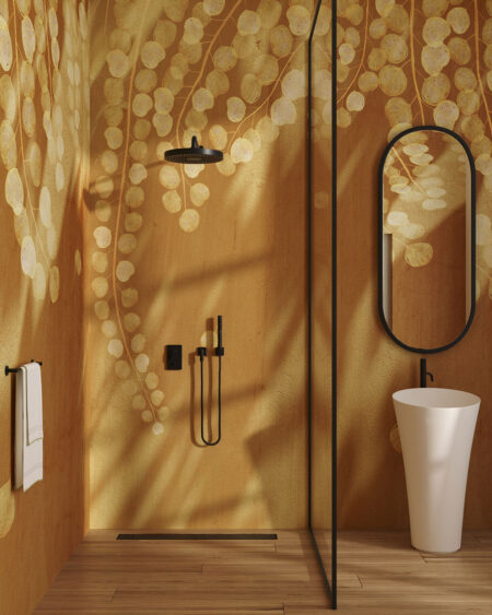 Фотошпалери для ванної з тендітними гілками та прозорим листям