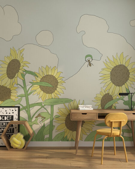 Фотошпалери для дитячої кімнати з ніжними квітами соняшника та лінійними хмарами