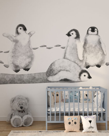Фотошпалери для дитячої кімнати з акварельними чорно-білими пінгвінами