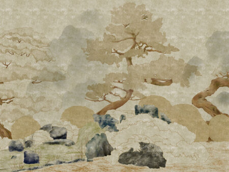 Фотошпалери з мінімалістичною гравюрою дерев та каміння під текстурним фільтром