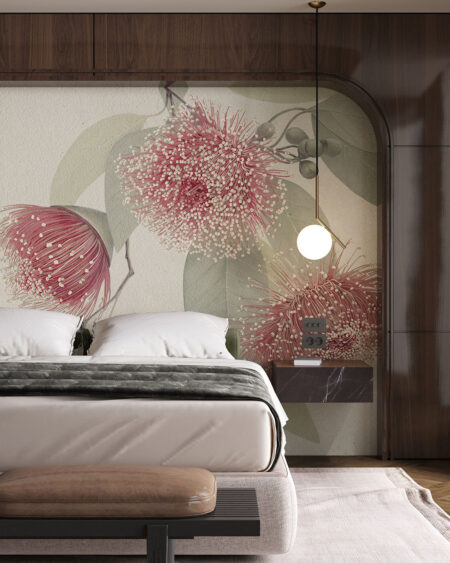 Фотошпалери для спальні з яскравими обʼємними квітами та делікатним листям