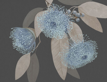 Фотошпалери з обʼємними блакитними квітами та делікатним листям на сірому тлі