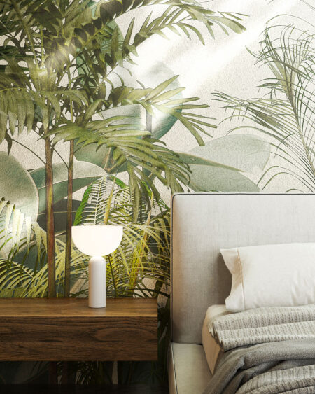 Шпалери джунглі з пальмами та іншими рослинами на світлому тлі для спальні