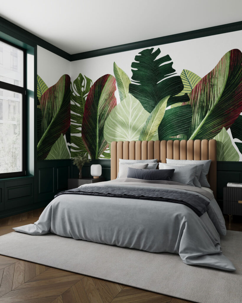 Фотошпалери для спальні з деталізованим тропічним листям у стилі максималізм