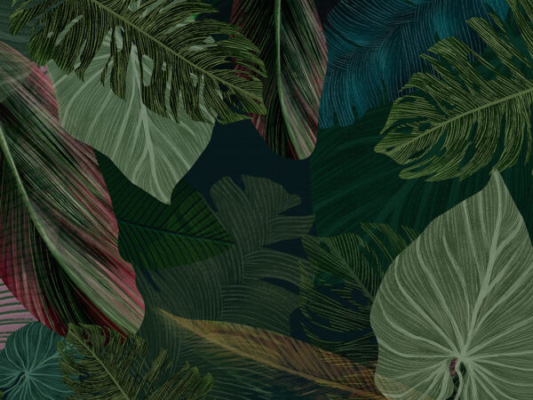 Фотошпалери колаж із тропічного листя на синьому тлі