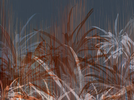 Фотошпалери з тропічним листям під текстурованим фільтром у помаранчевих та синіх кольорах
