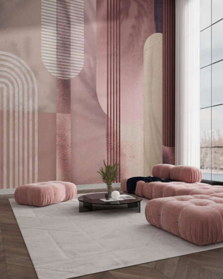 Фотошпалери у вітальню з текстурними рожевими геометричними арками